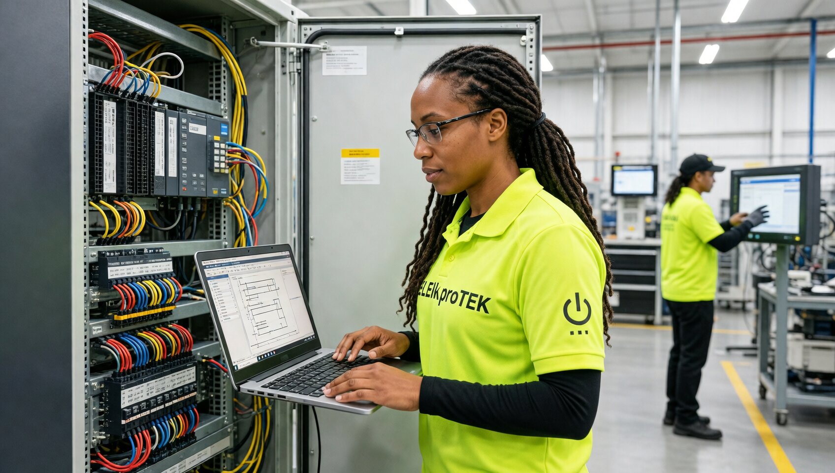 ELEKproTEK technicians programming automation PLC and industrial control equipment using Allen-Bradley programming software