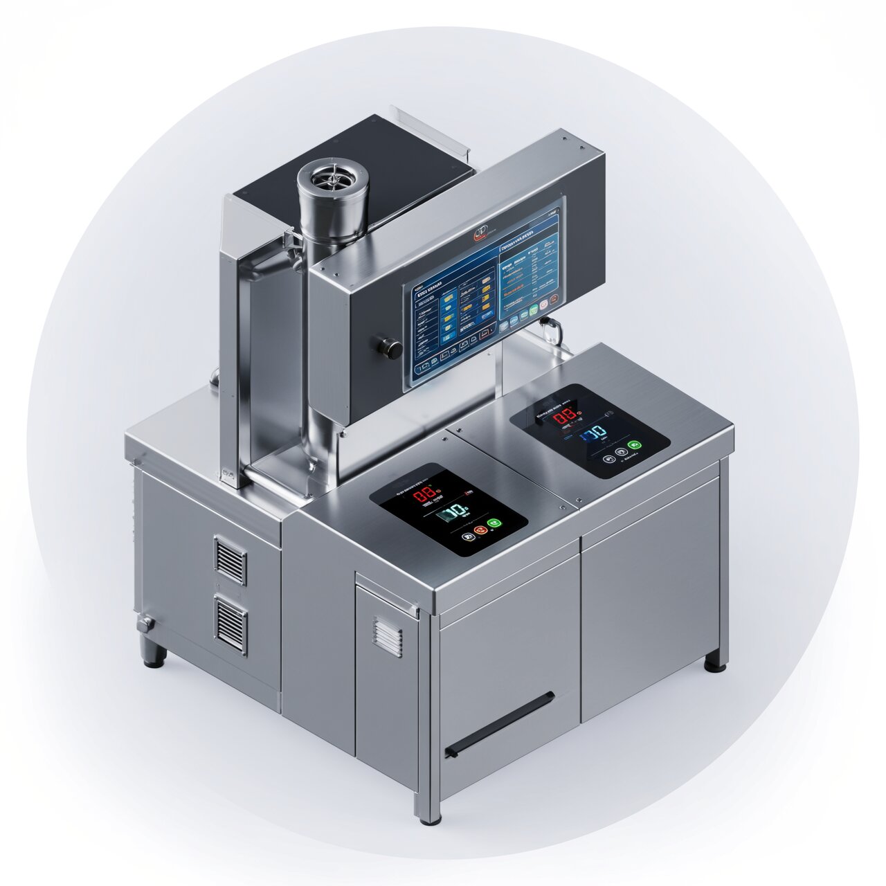 Food processing automation and controls with sanitary design stainless steel components and temperature monitoring systems