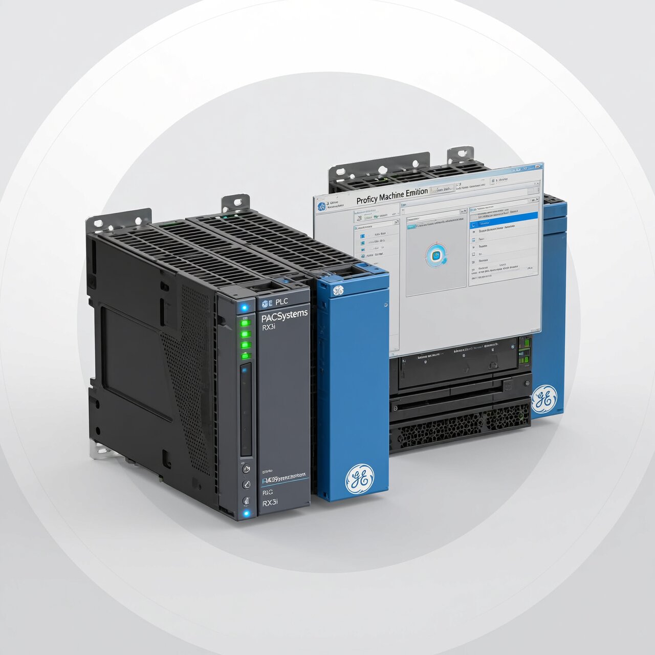 GE PLC programming with PACSystems RX3i controller Proficy Machine Edition software and blue branding for modular systems