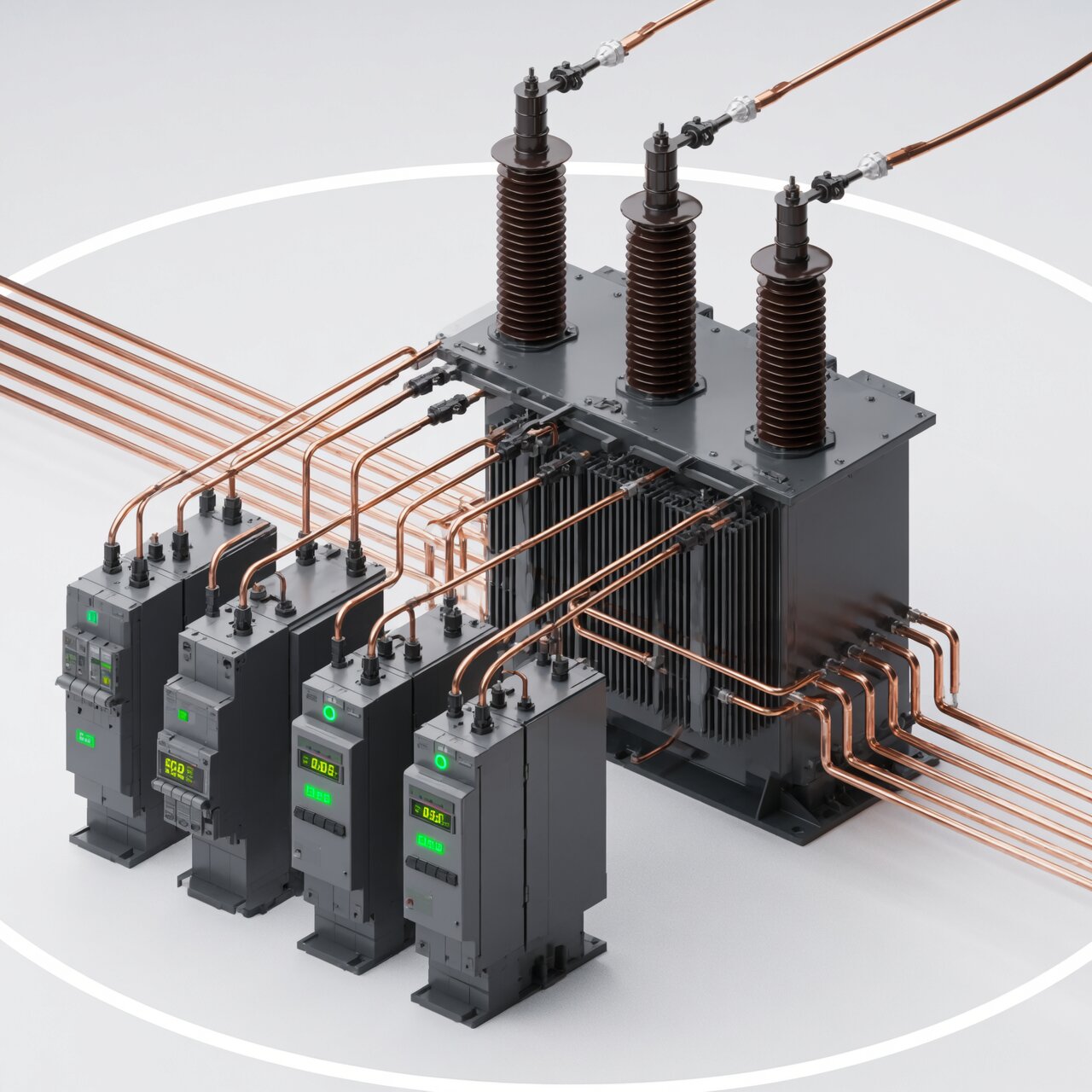 Industrial power distribution systems with transformers copper bus bars and three-phase electrical distribution equipment