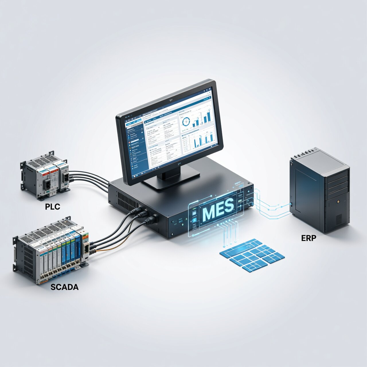 MES integration services connecting manufacturing execution systems with PLC SCADA and ERP for real-time production tracking