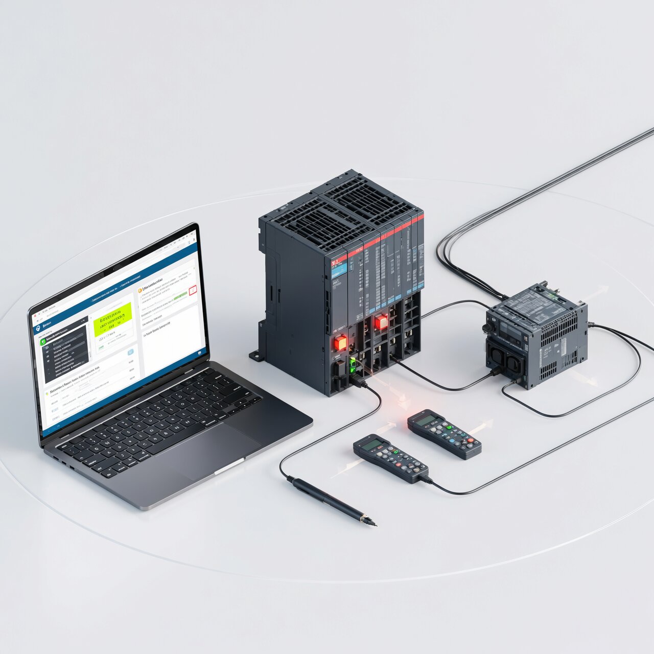 PLC troubleshooting services with diagnostic laptop fault code analysis and systematic problem-solving procedures