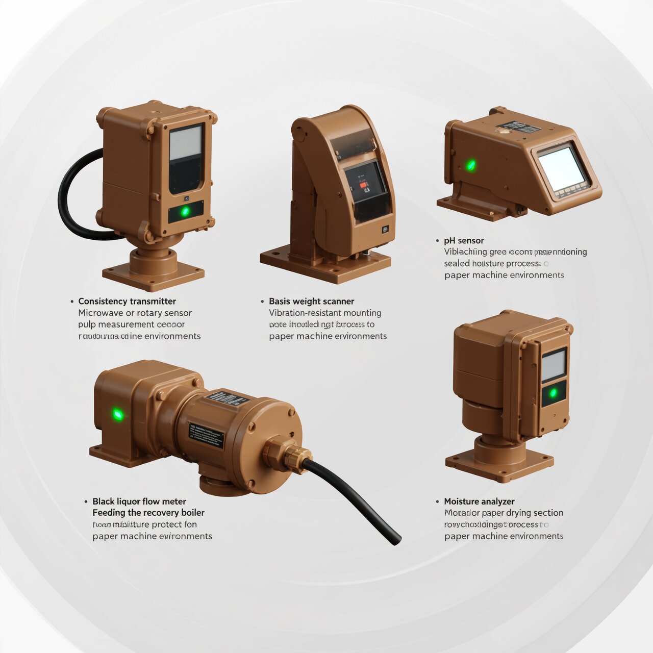 Pulp and paper mill instrumentation with consistency transmitter basis weight scanner moisture analyzer and pH bleaching process control