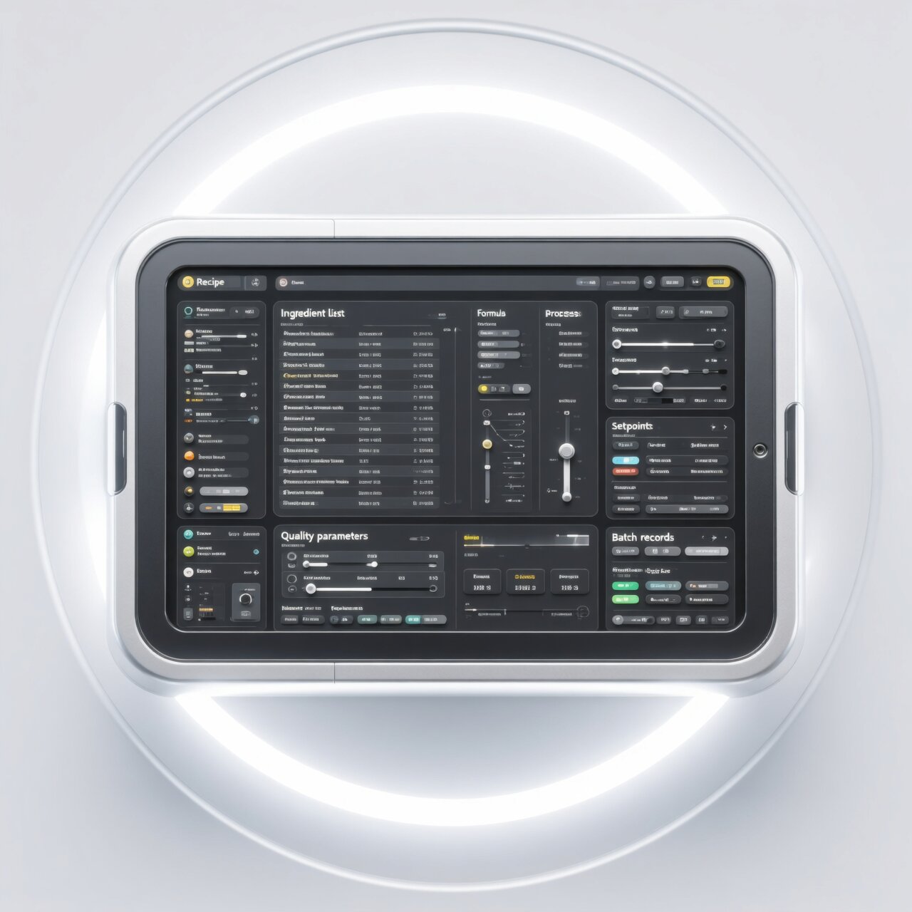 Recipe management systems with digital formulas process setpoints batch records and ingredient lists for quality control