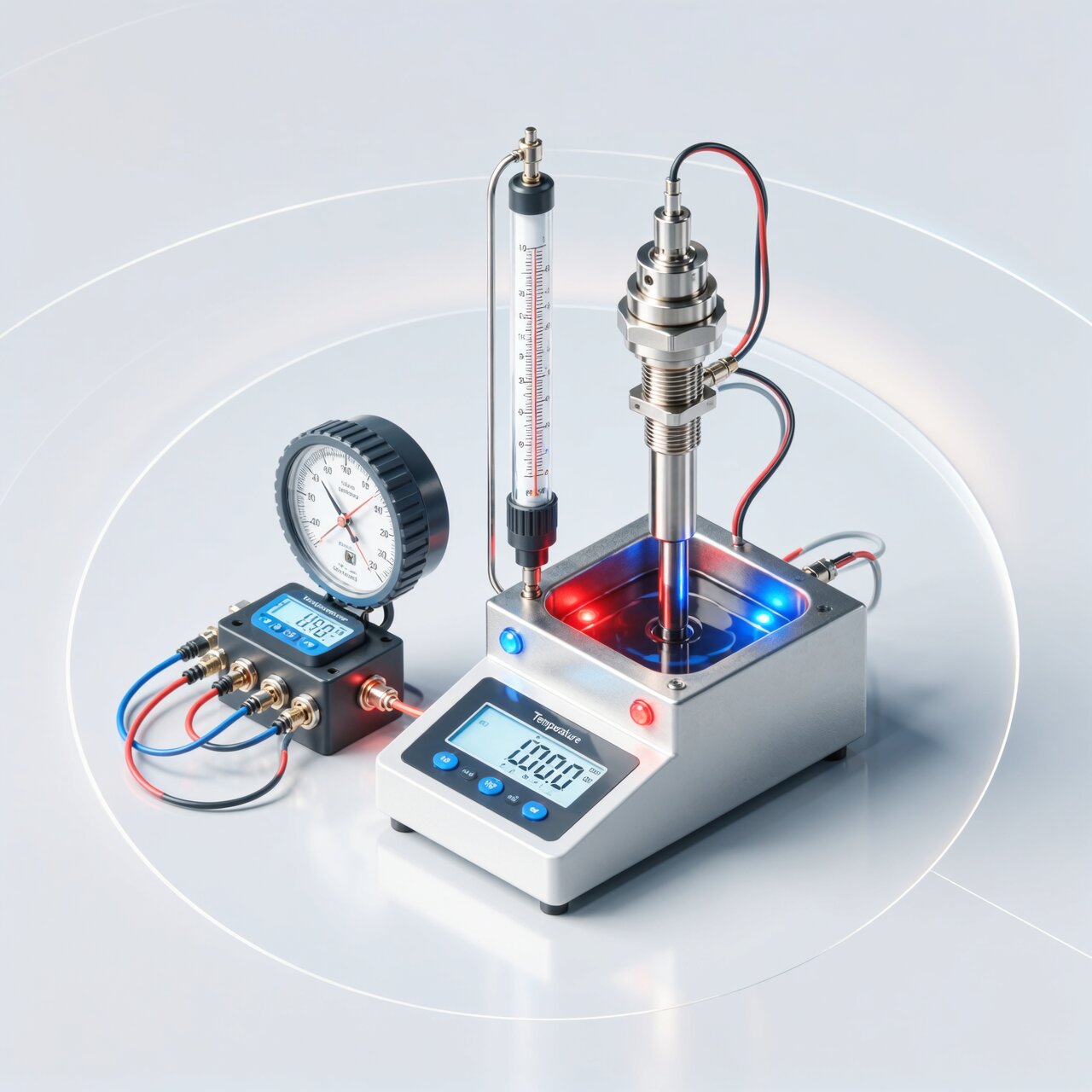 Temperature sensor calibration for RTD and thermocouple using NIST-traceable reference thermometer and temperature bath equipment