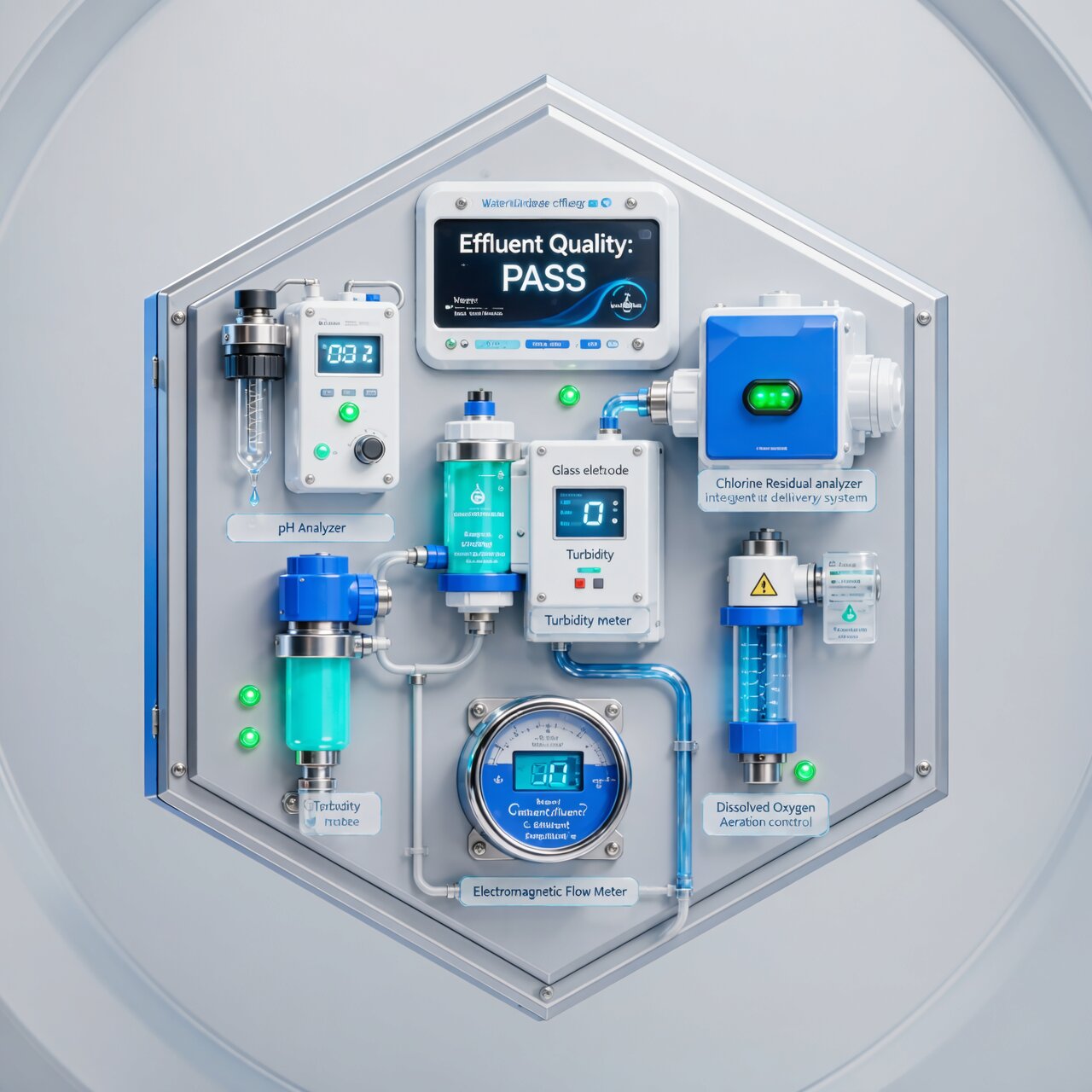 Water and wastewater instrumentation with pH chlorine residual turbidity and dissolved oxygen analyzers for regulatory compliance monitoring