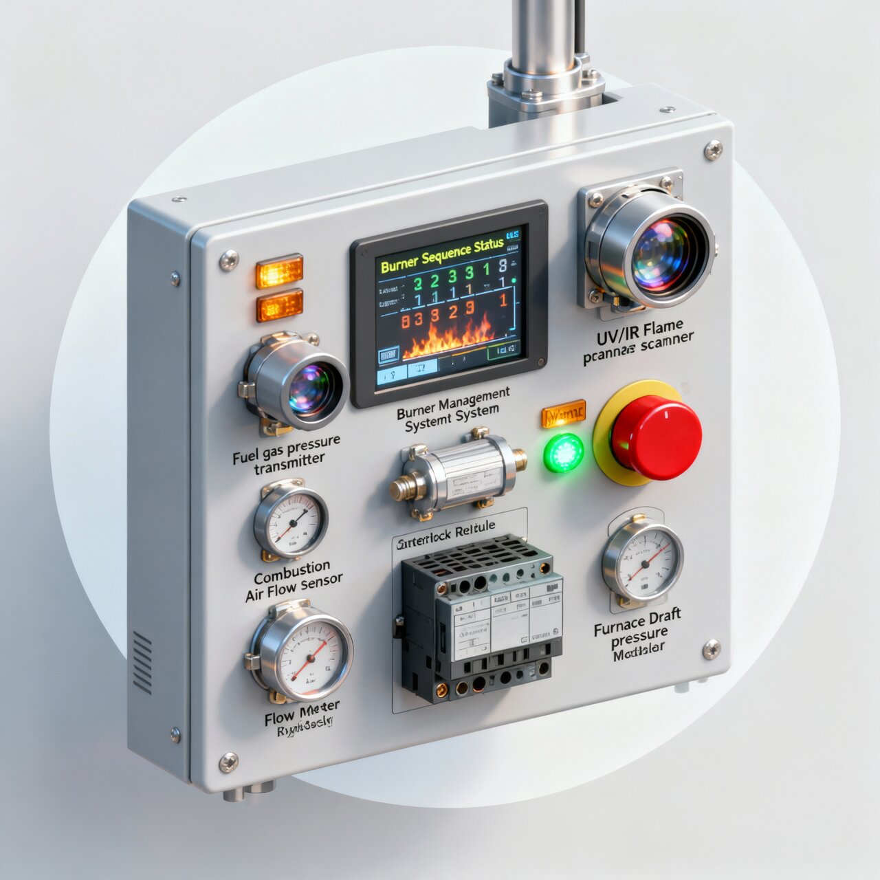 Burner management system control panel with flame scanner fuel flow meter combustion air measurement and safety interlock verification