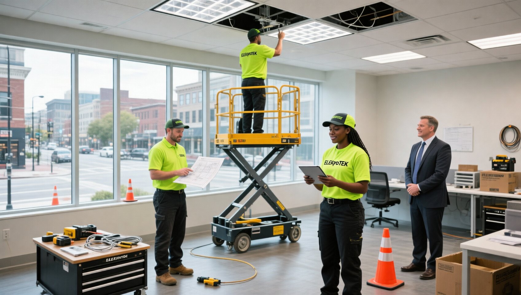 ELEKproTEK commercial electricians installing LED lighting upgrade at Charleston downtown office building with aerial lift