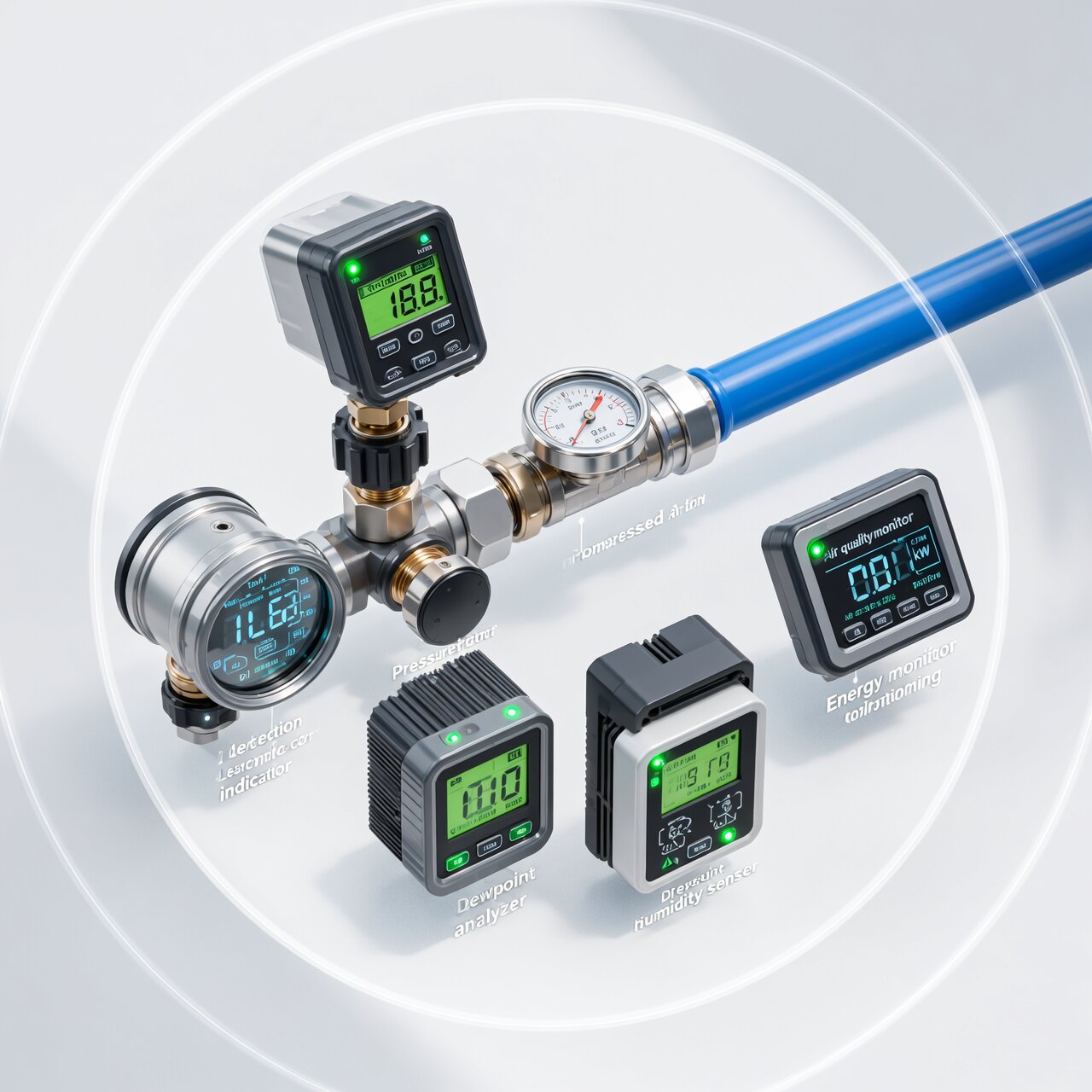 Compressed air instrumentation with flow meter pressure transmitter dewpoint analyzer and energy monitoring for usage tracking leak detection