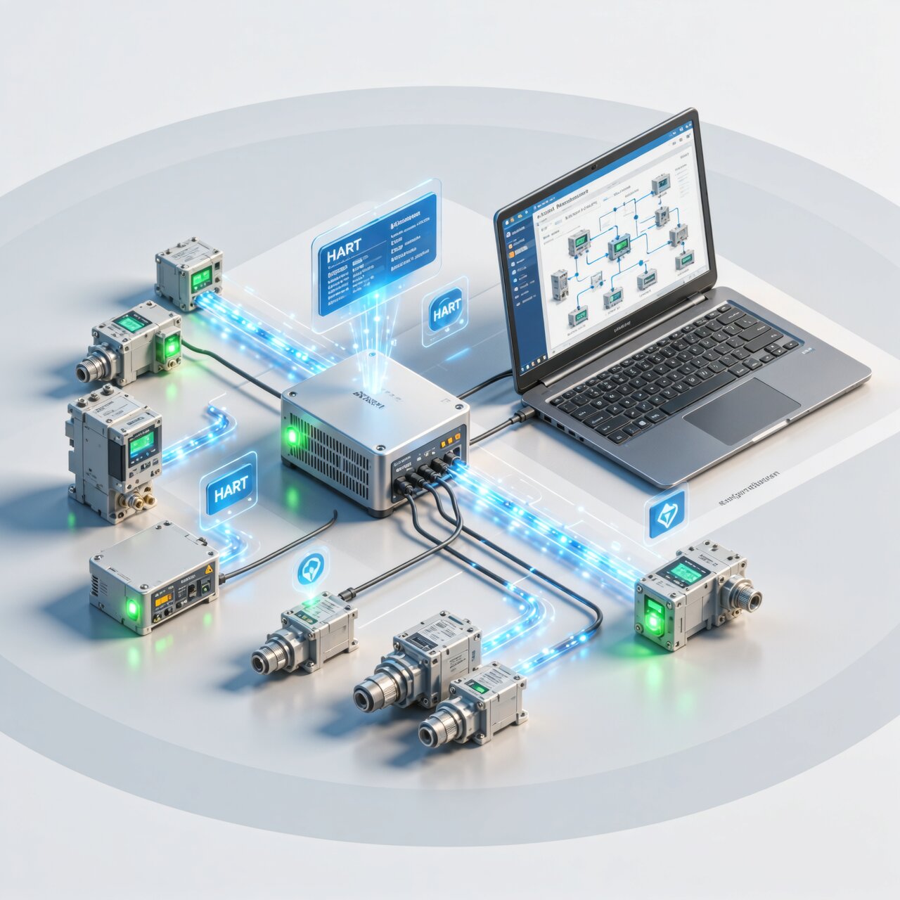 HART communication network with gateway device laptop asset management software and smart transmitters showing diagnostic data connectivity