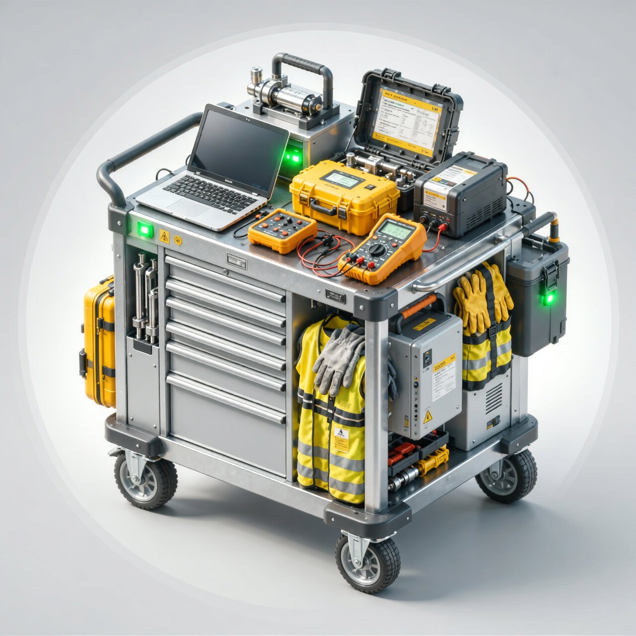 Mobile calibration services with portable rolling cart organized equipment and reference standards for on-site field calibration