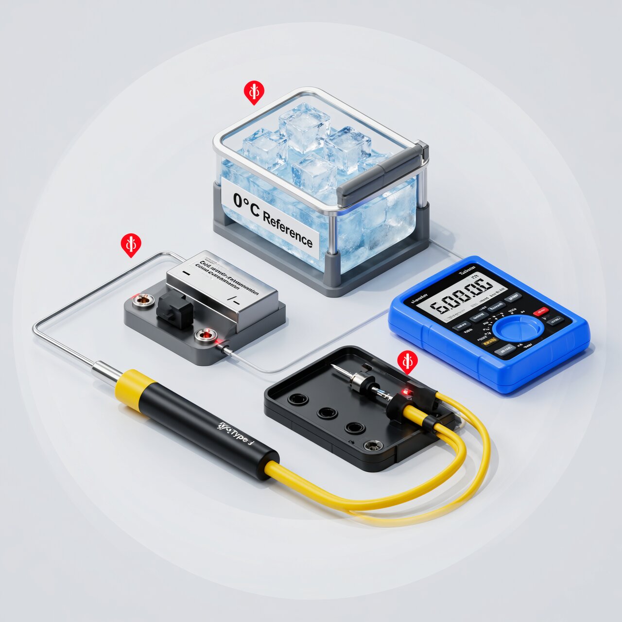 Thermocouple calibration with ice bath reference junction and digital calibrator for high-temperature measurement verification