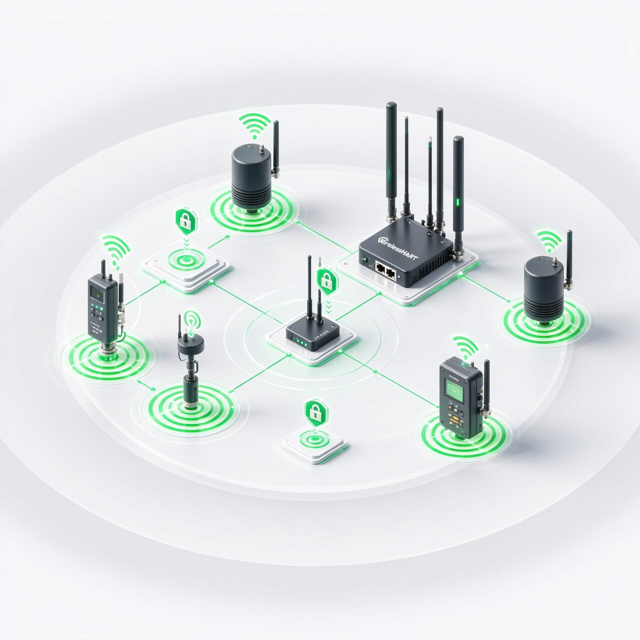 Wireless instrumentation with WirelessHART gateway mesh network topology and battery-powered wireless transmitters with RF antennas